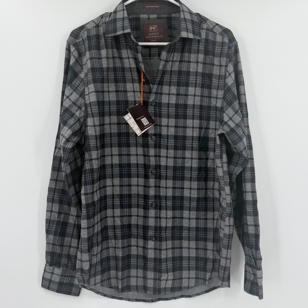 James Tattersall London Mens Grey Black Plaid Microfiber Shirt NWT M JWL92593BLK